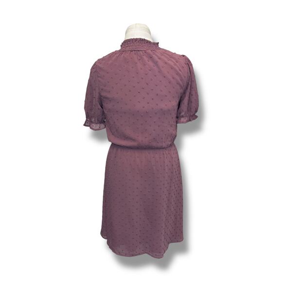 Monteau Women’s Short Sleeve Swiss Dot Tie Neck Mini Dress, Mauve, size M - Picture 3 of 9